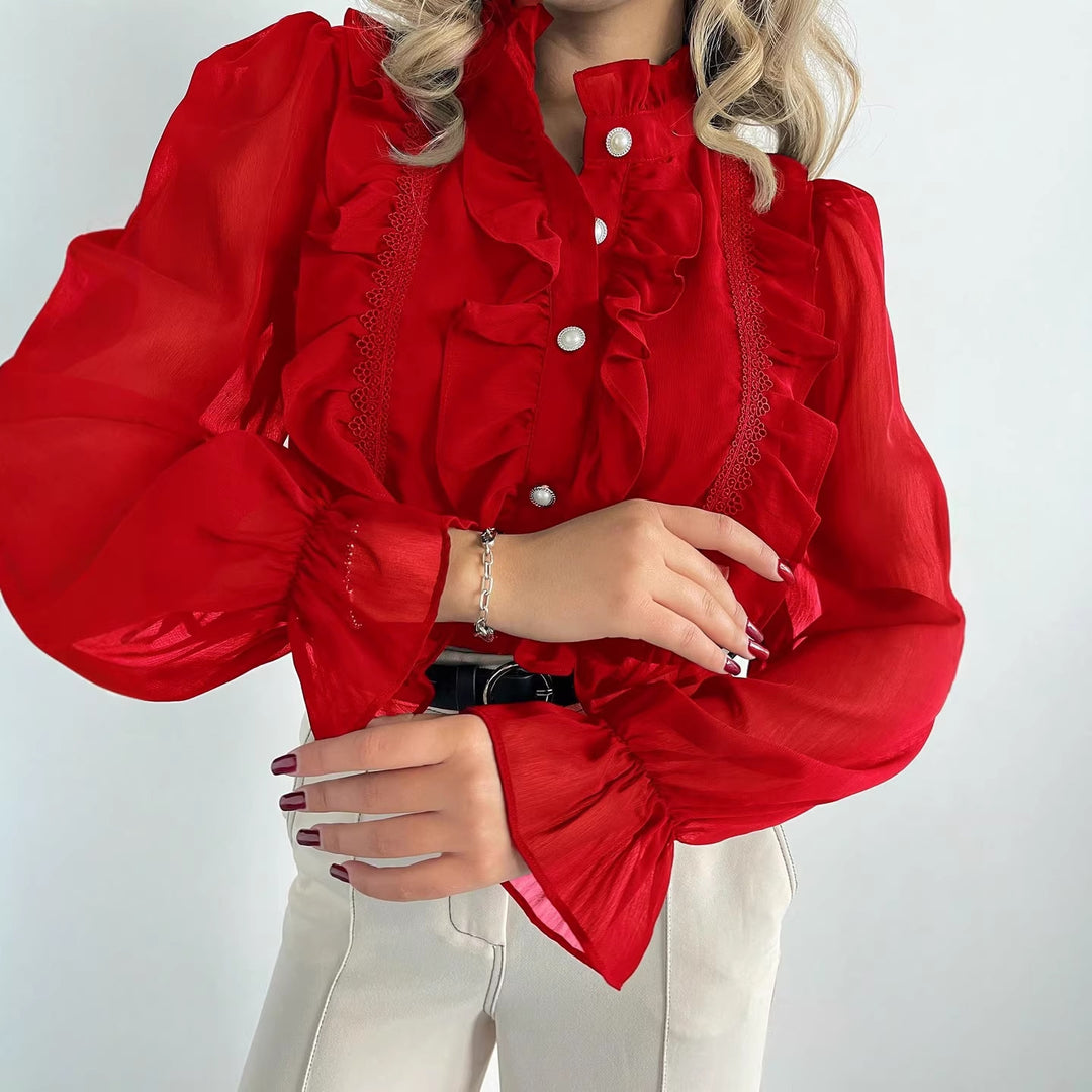 Damen Rüschenbluse aus Chiffon mit Stehkragen und Perlenknöpfen Drune