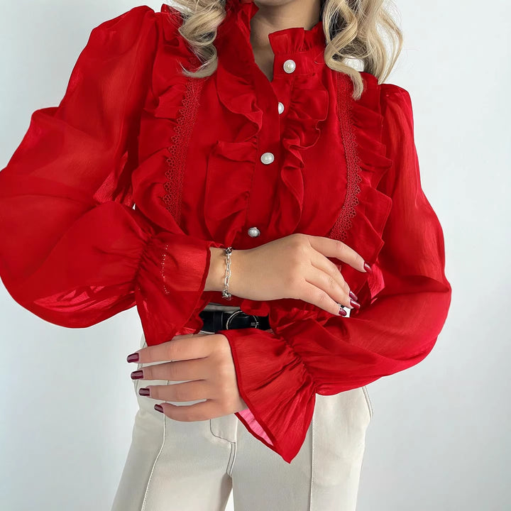 Damen Rüschenbluse aus Chiffon mit Stehkragen und Perlenknöpfen Drune