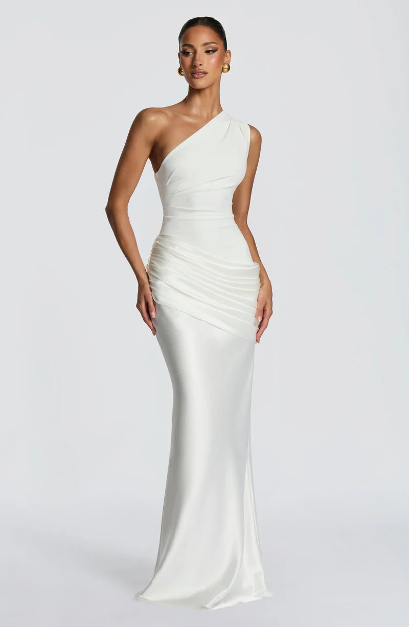 Damen Elegantes One-Shoulder Maxikleid mit fließenden Drapierungen Drune