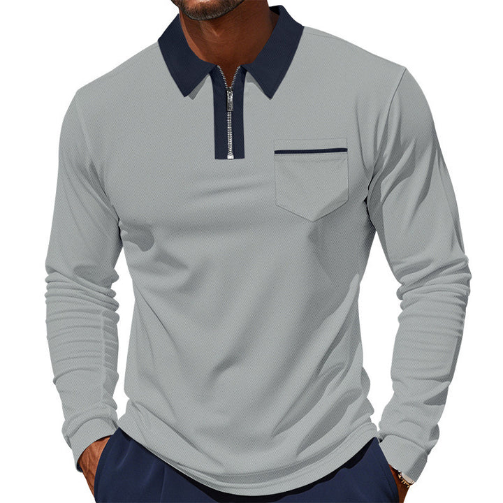 Herren nan langärmeliges Polo mit halbem Reißverschluss, aufgesetzter Brusttasche und feiner Strukturjersey-Qualität Drune