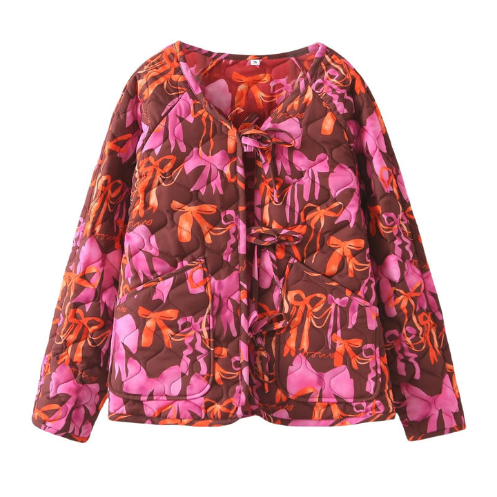 Damen nan gesteppte Jacke mit Schleifenprint, Bindeschlaufenverschluss und aufgesetzten Taschen Drune