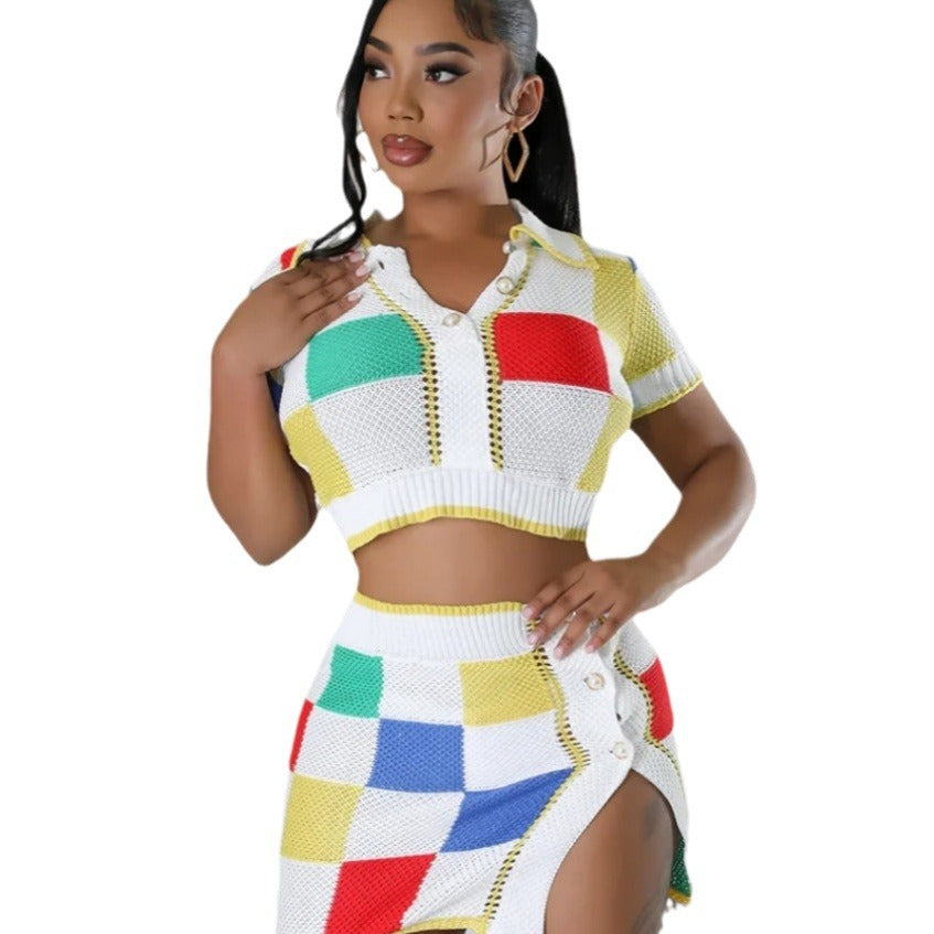 Damen Set aus modischem Crop-Top und figurbetonendem Rock mit Knopfdetails Drune