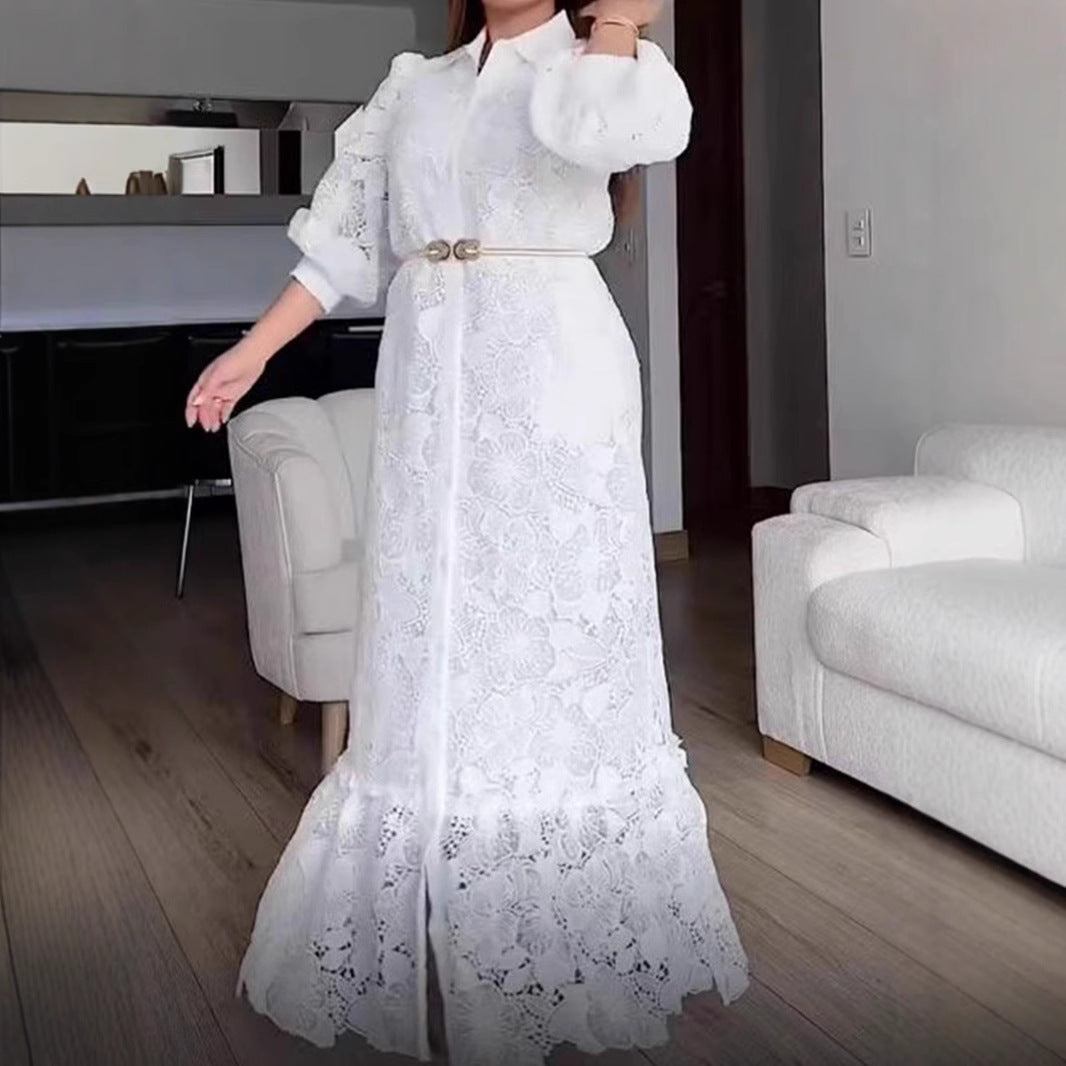 Damen nan Maxikleid aus Häkelspitze mit Hemdkragen und Puffärmeln Drune