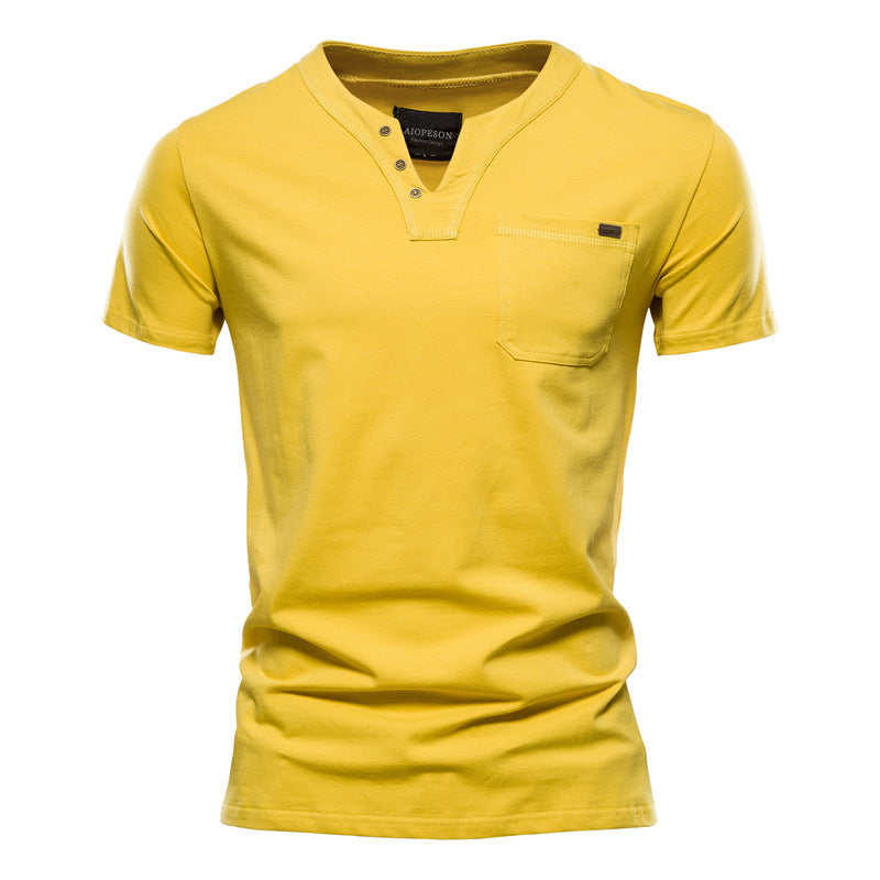 Herren V-Ausschnitt T-Shirt mit Druckknöpfen und Brusttasche Drune