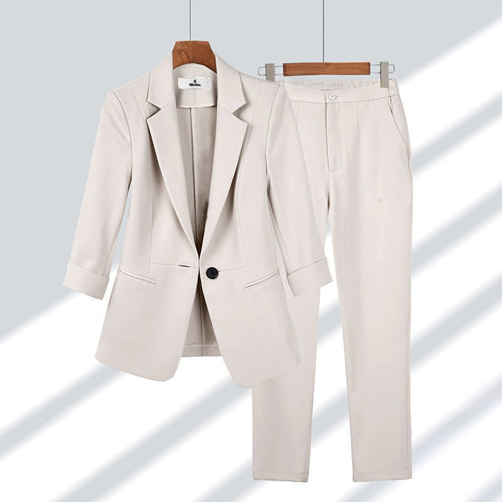 Damen nan schlanker Zweiteiler Business-Blazer mit krempelbaren 3/4-Ärmeln und hochgeschnittener Tapered-Hose Drune
