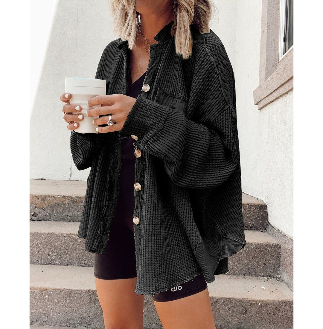 Damen Waffelstrick-Overshirt mit Knopfleiste und Brusttasche Drune