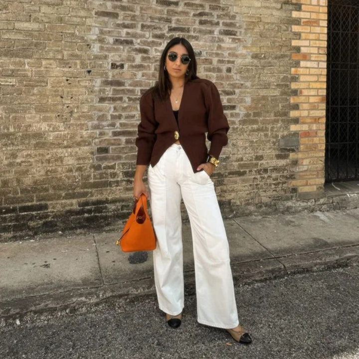 Damen Kurze V‑Ausschnitt Strickjacke mit Ballonärmeln und Zierknopf Drune