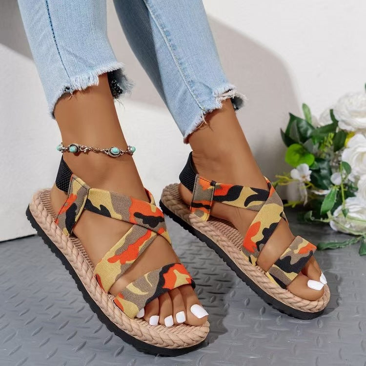Damen nan flache Espadrille-Riemchensandalen mit geflochtenem Bastrand, elastischem Fersenband und gekreuzten Ethno-Riemen Drune