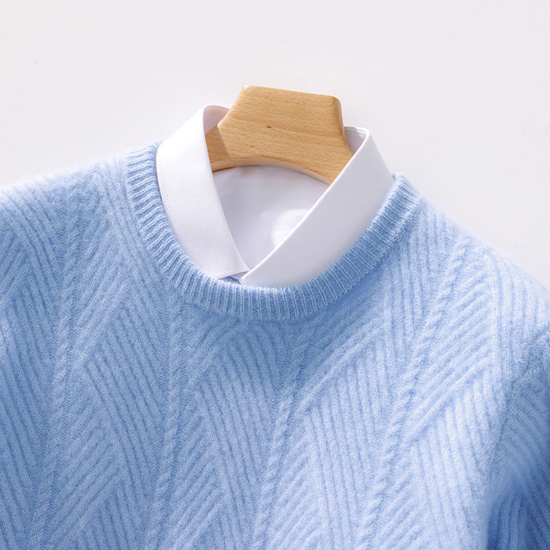 Herren strukturierter Rundhalspullover aus weichem Wollmix mit Chevron‑Strick Drune