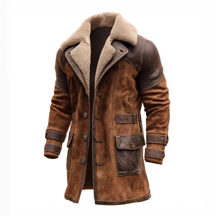 Herren Langer Shearling-Mantel aus Wildleder mit Lederbesatz Drune