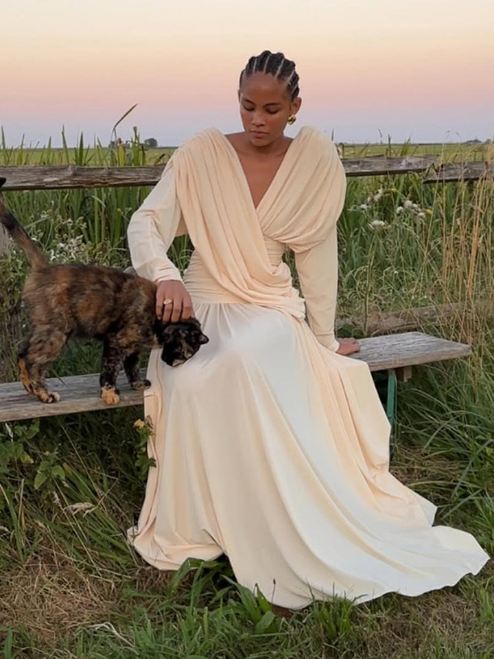 Damen Elegantes Wickel-Maxikleid mit tiefem V-Ausschnitt und Drapierung Drune