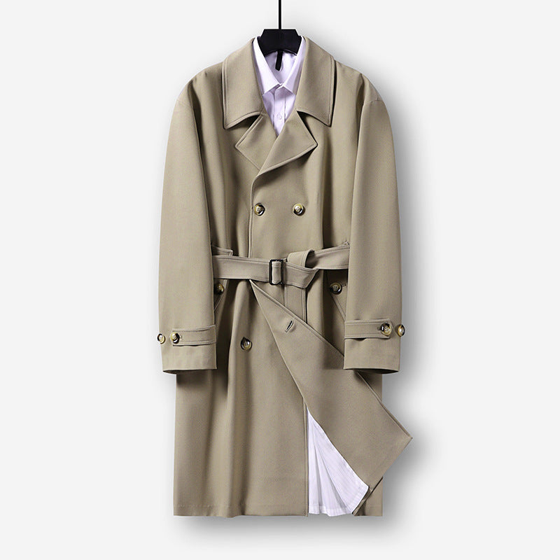 Herren Moderner knielanger Doppelreihiger Trenchcoat mit Taillengürtel Drune