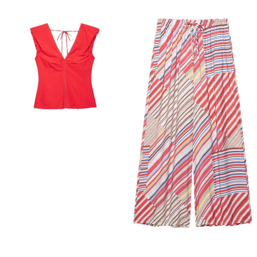 Damen Weite Plissee-Patchwork Palazzo‑Hose mit Tunnelzug Drune