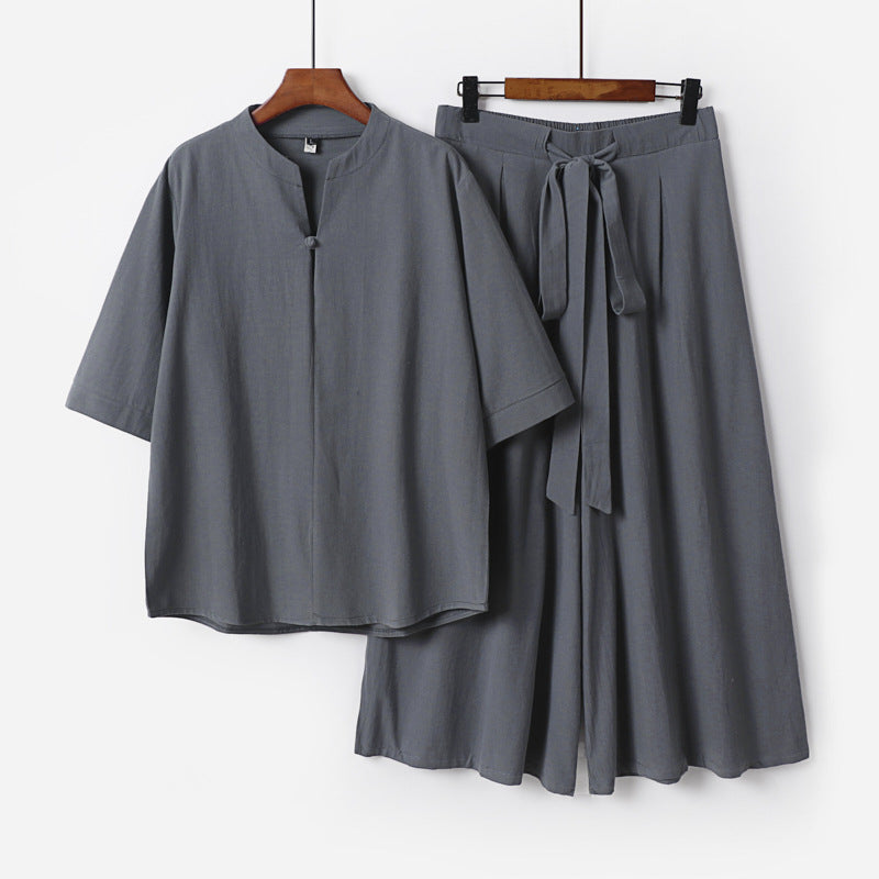 Damen Lässiges Leinen-Viskose Lounge-Set mit Stehkragen-Oberteil und weiten Palazzo-Hose Drune