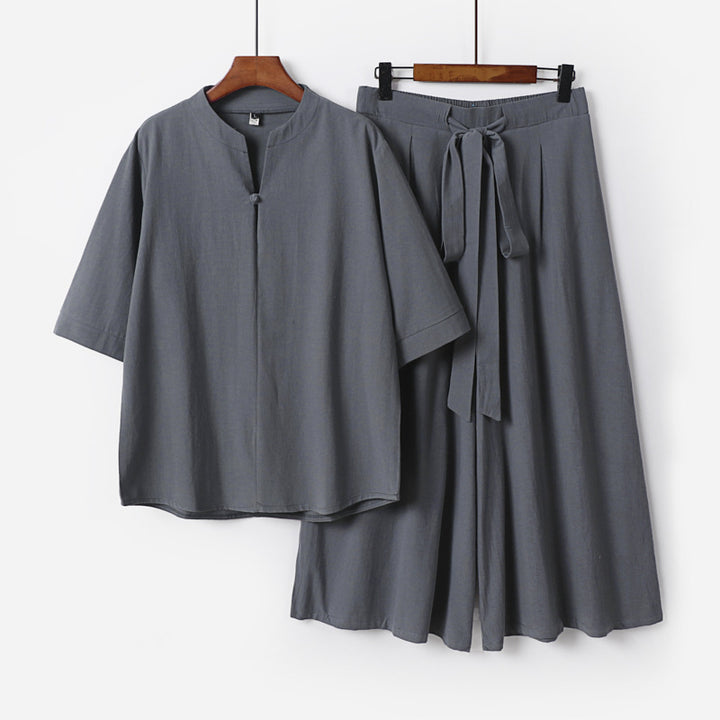 Damen Lässiges Leinen-Viskose Lounge-Set mit Stehkragen-Oberteil und weiten Palazzo-Hose Drune