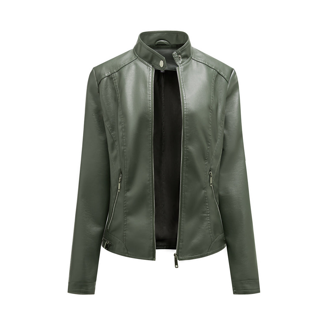 Damen modische Kunstlederjacke mit elegantem Stehkragen und praktischen Reißverschlusstaschen Drune