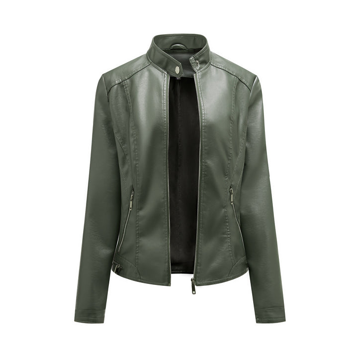 Damen modische Kunstlederjacke mit elegantem Stehkragen und praktischen Reißverschlusstaschen Drune