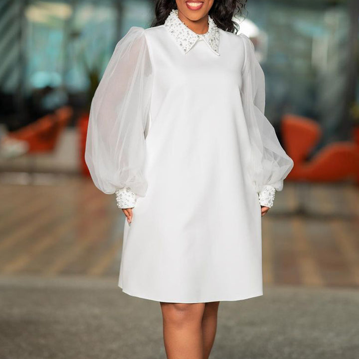 Damen Kleid mit eleganten Tüllärmeln und verzierten Kragen Drune