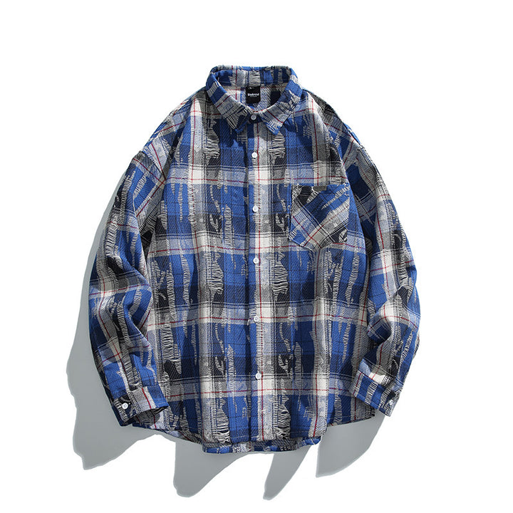 Unisex Oversize-kariertes Flanellhemd mit Destroyed-Details und Brusttasche Drune