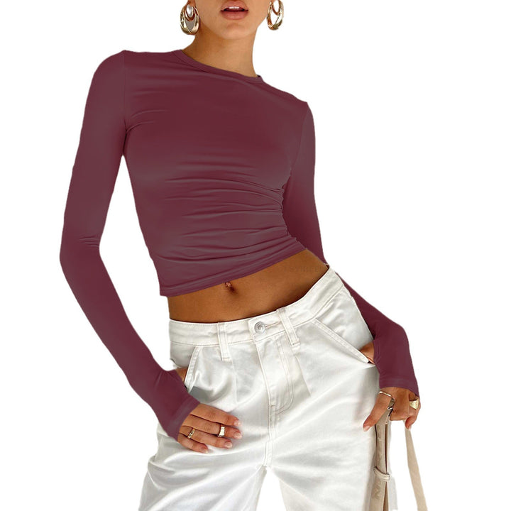 Damen Figurbetontes Crop-Longsleeve mit Daumenlöchern Drune