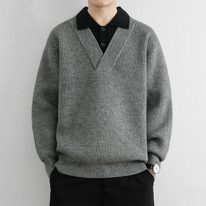 Herren Modischer V-Ausschnitt Pullover mit strukturierten Rippdetails Drune