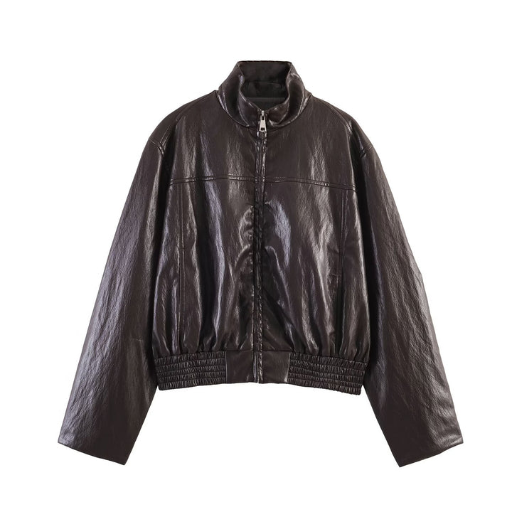 Damen Oversized Bomberjacke in Lederoptik mit hohem Stehkragen und gerafftem Taillenbund Drune