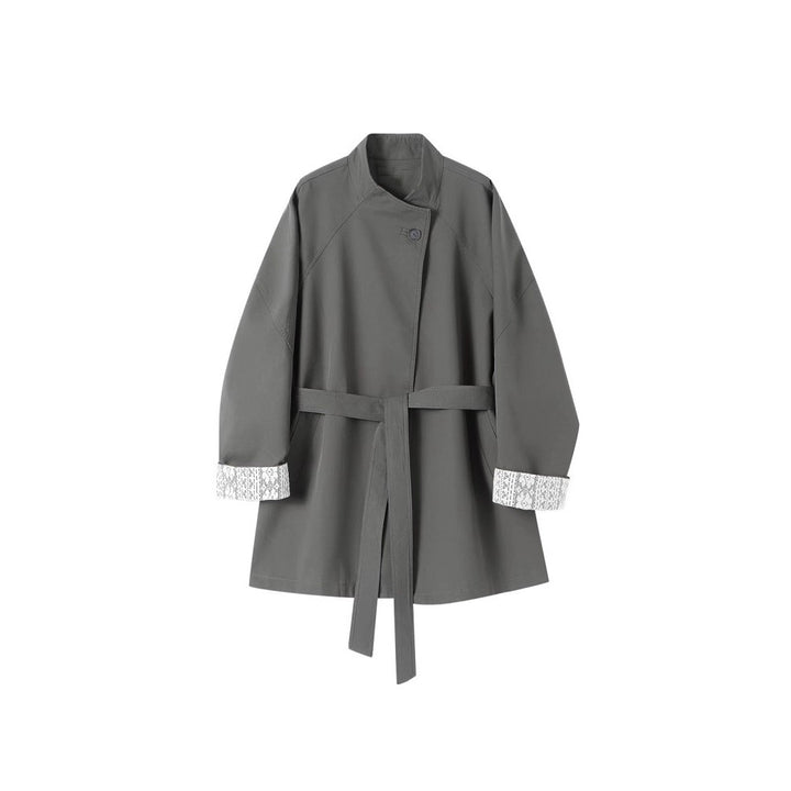 Damen Eleganter Trenchcoat mit Taillengürtel und Kontrastärmel Drune