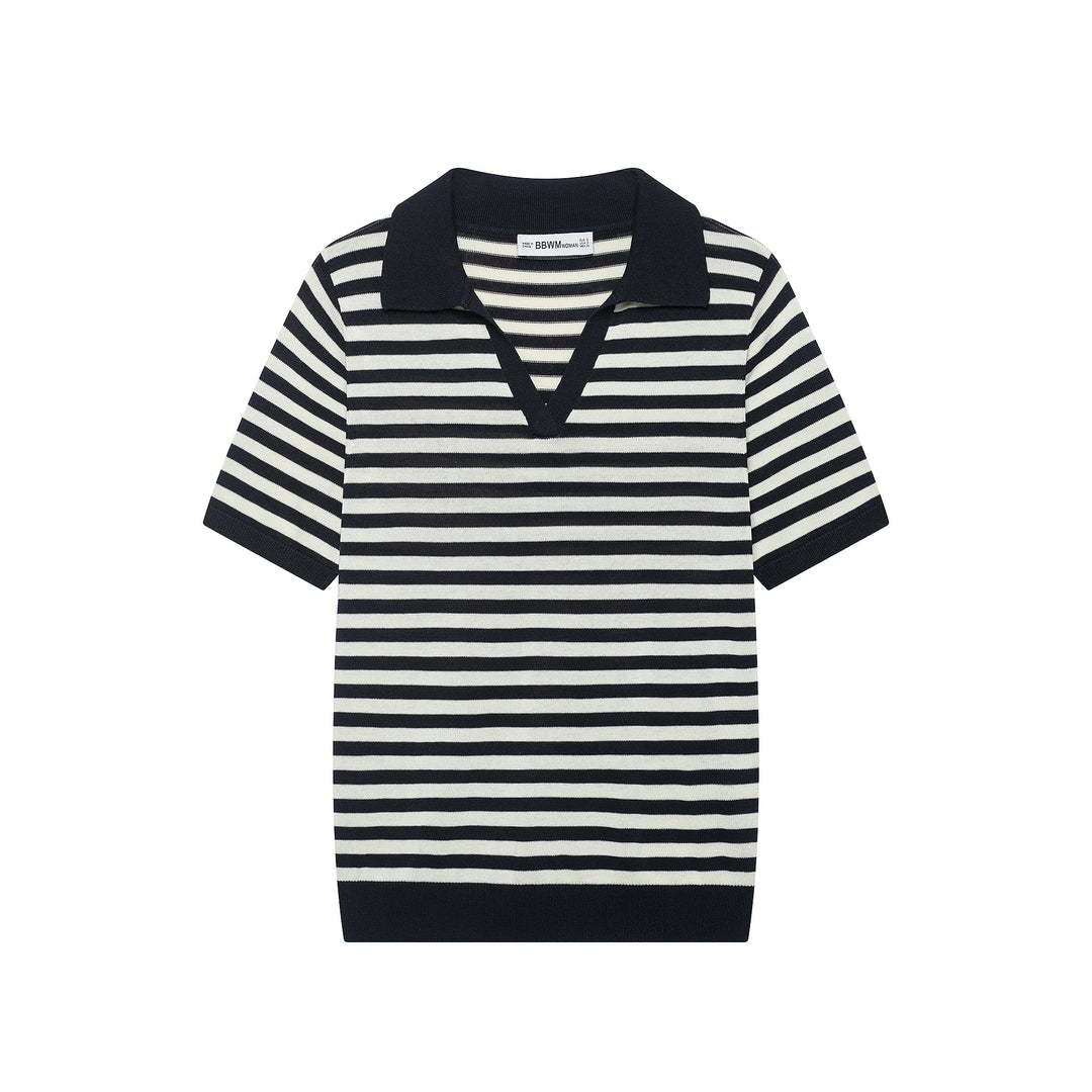 Damen Gestreiftes Poloshirt-Strick mit V‑Ausschnitt, Kurzarm und Rippkragen Drune