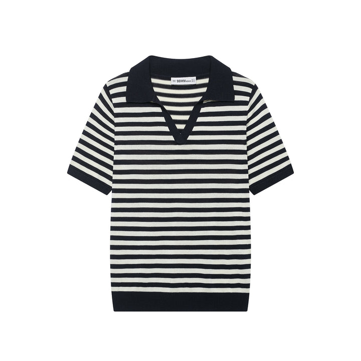 Damen Gestreiftes Poloshirt-Strick mit V‑Ausschnitt, Kurzarm und Rippkragen Drune