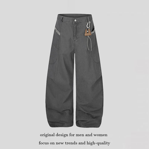Damen Extraweite Palazzohose mit hoher Taille, Cargo‑Taschen und dekorativem Schlüsselanhänger Drune