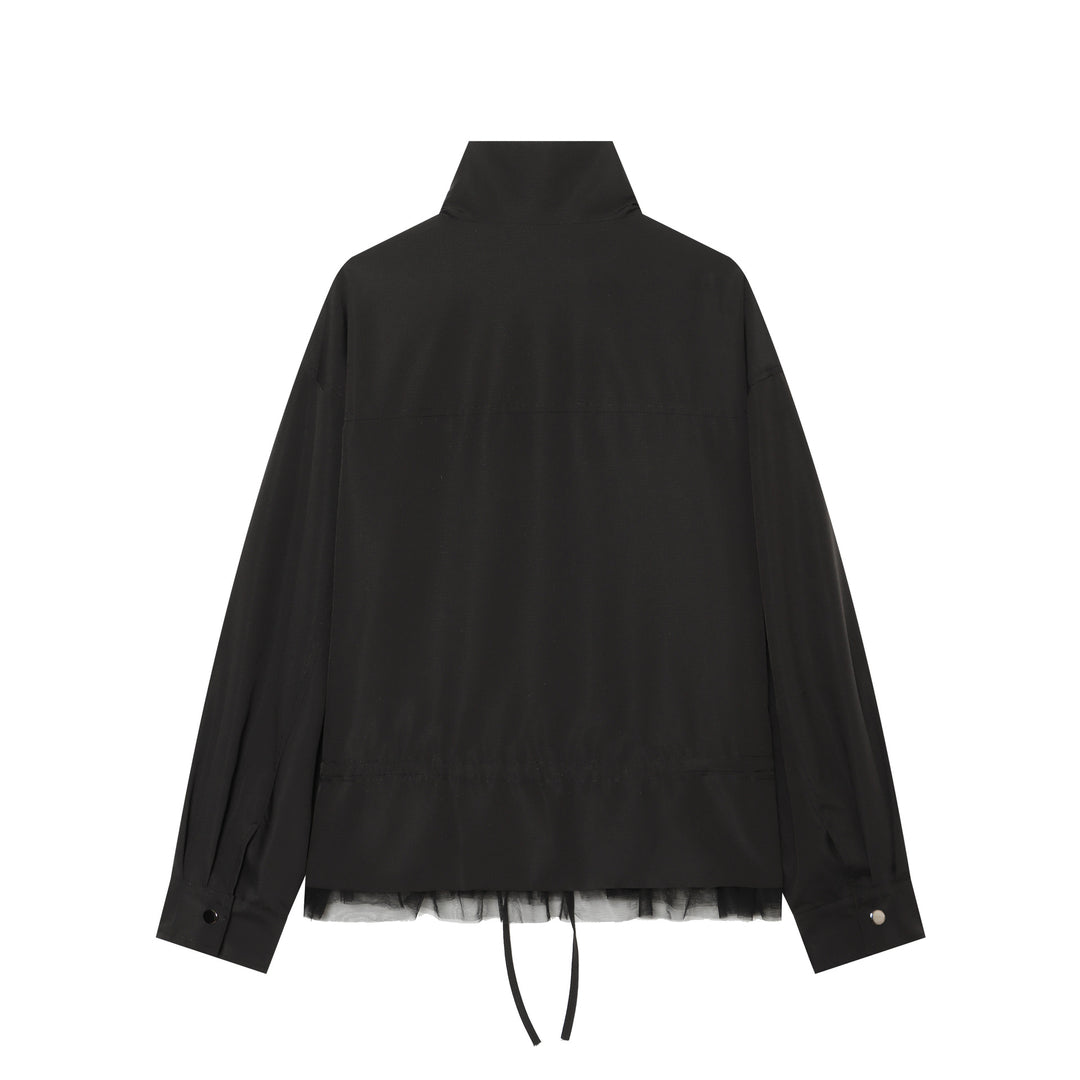 Damen Leichte Cropped Übergangsjacke mit Stehkragen, Tunnelzugtaillierung und Tüllbesatz Drune
