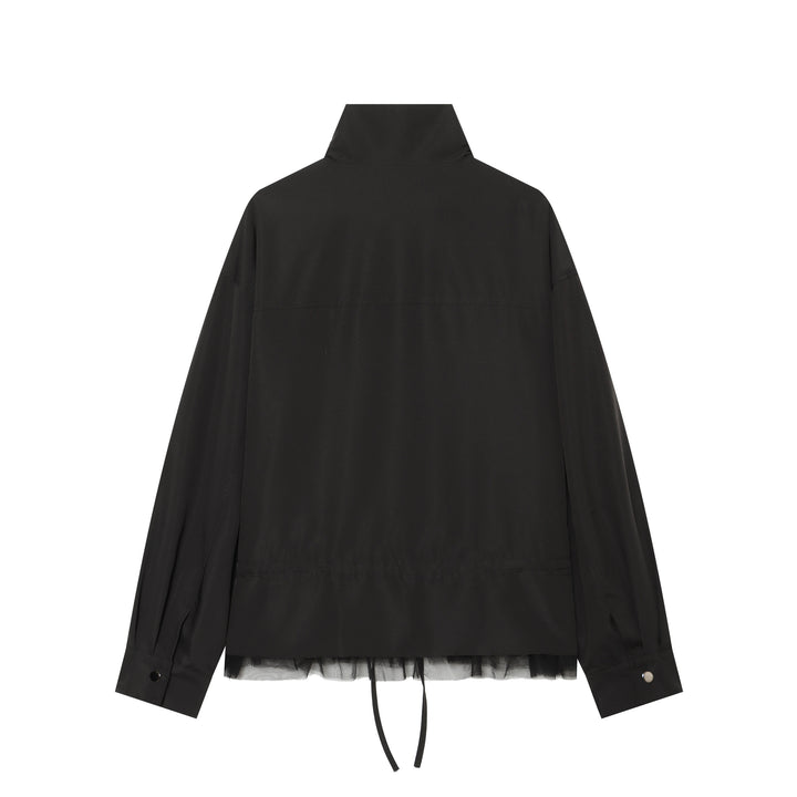 Damen Leichte Cropped Übergangsjacke mit Stehkragen, Tunnelzugtaillierung und Tüllbesatz Drune