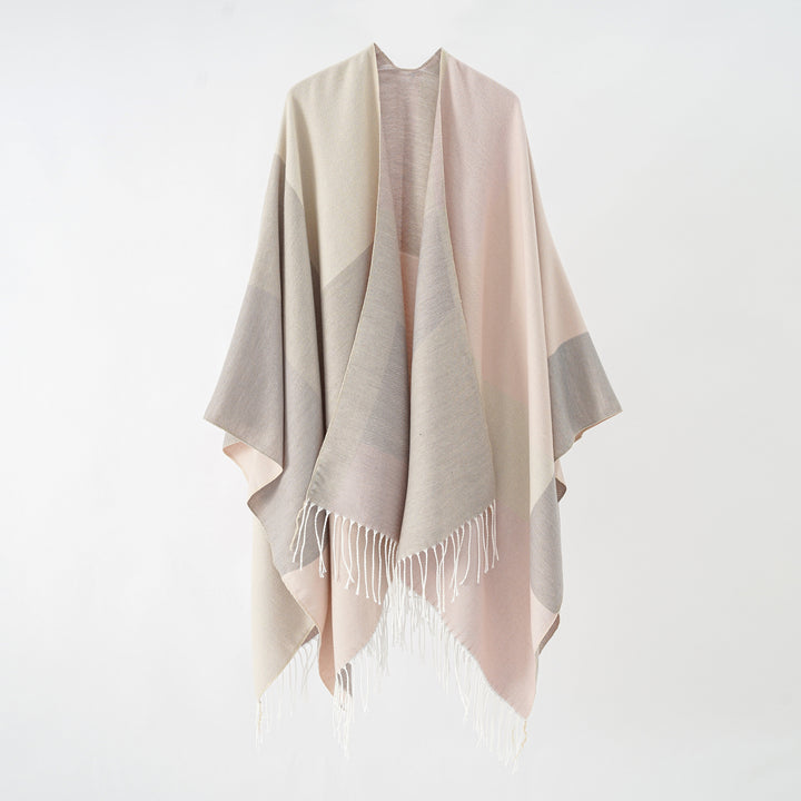 Damen Großer Wolloptik-Poncho mit geometrischem Blockmuster und Fransensaum Drune