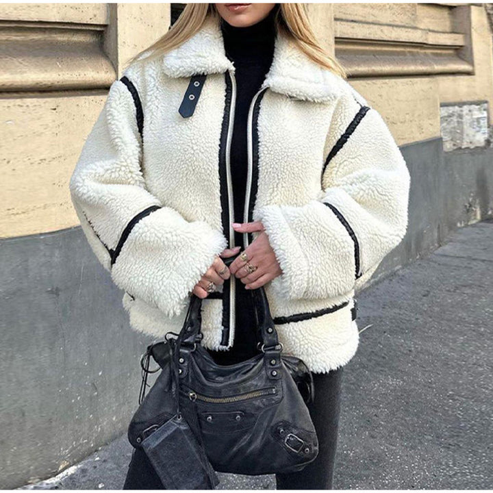 Damen gemütliche Teddy-Fleecejacke mit schickem Kragen Drune