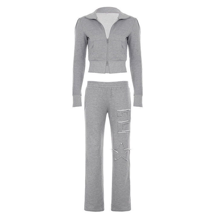 Damen nan taillierte Cropped-Kapuzenjacke mit durchgehendem Reißverschluss, elastischem Abschlussbund und dekorativem College-Print Drune