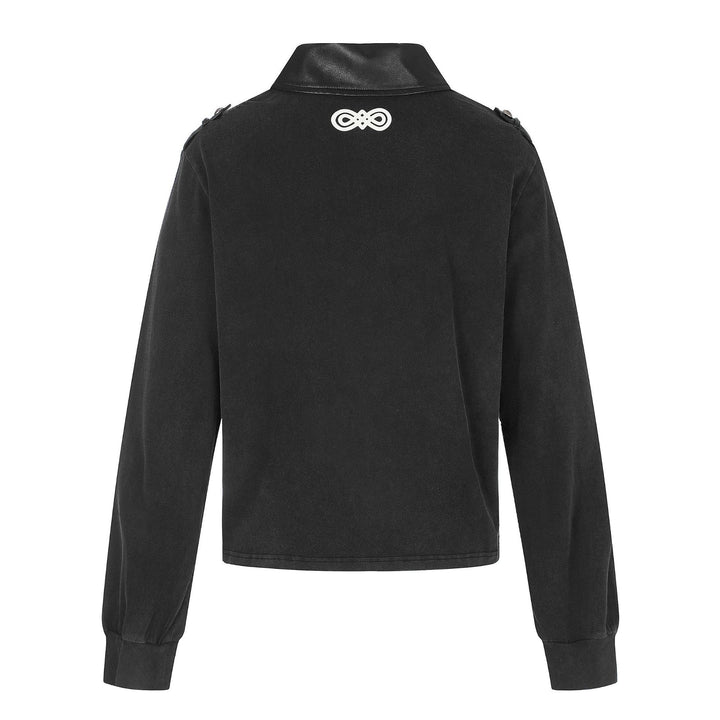Damen Polo‑Sweatshirt im Military‑Style mit dekorativen Kordelprints und Lederkragen Drune