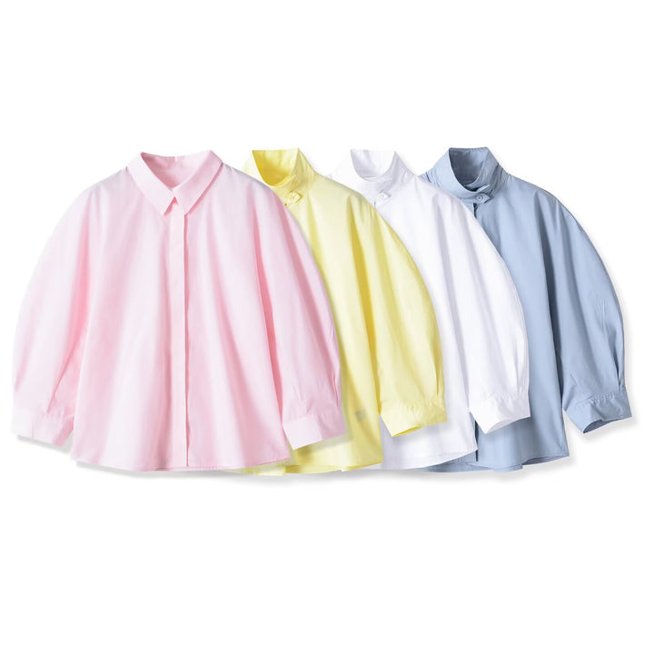 Damen Oversize Bluse mit Stehkragen und verdeckter Knopfleiste Drune