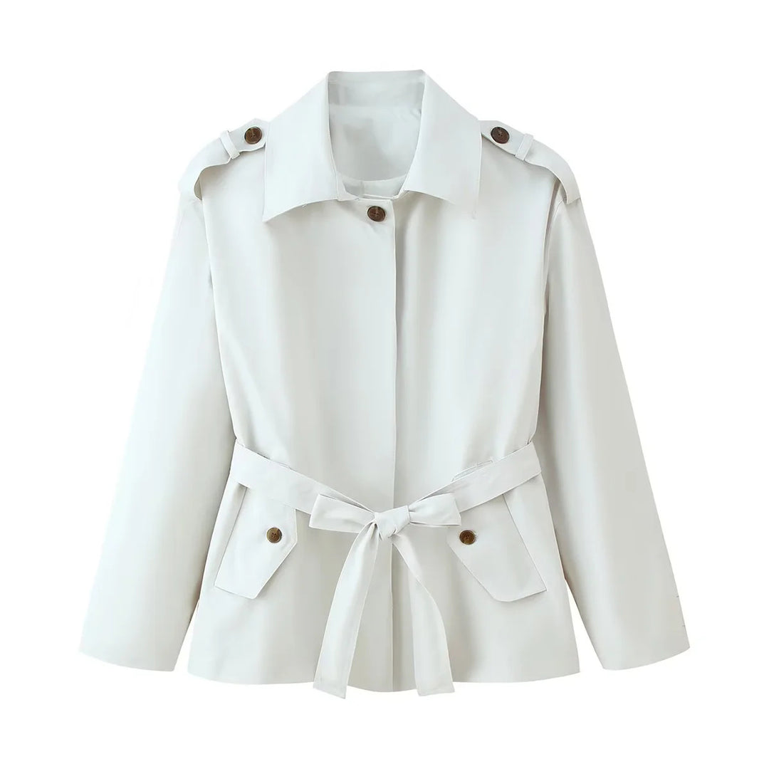 Damen nan taillierte Kurztrenchjacke mit Bindegürtel, Schulterklappen und Pattentaschen Drune