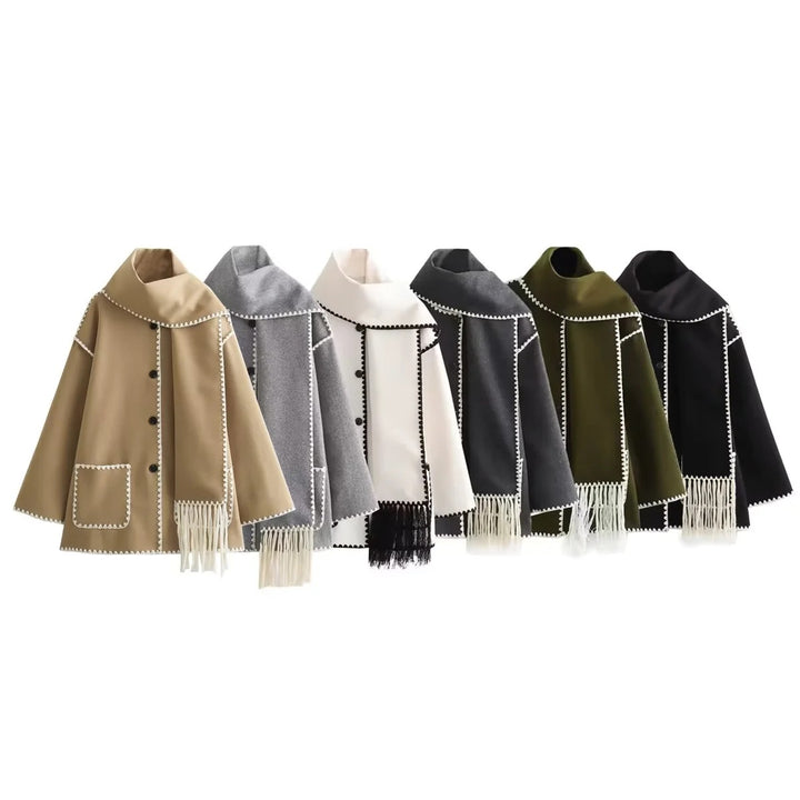 Damen Cape-Mantel mit angesetztem Fransen-Schal und Zier-Zickzacknaht Drune