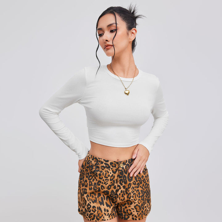Damen cropped Langarmshirt mit stilvollem Rundhalsausschnitt und figurbetonter Silhouette Drune