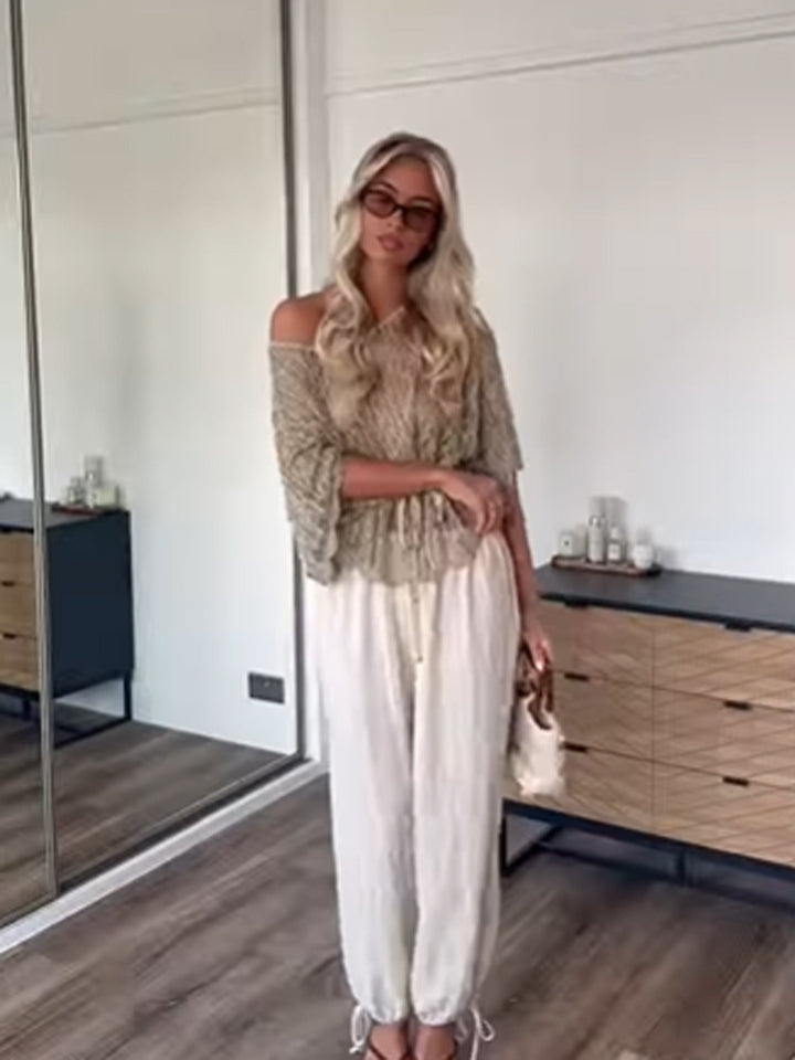 Damen Off-Shoulder Häkel-Strickbluse mit Tunnelzug und Volumenärmeln Drune