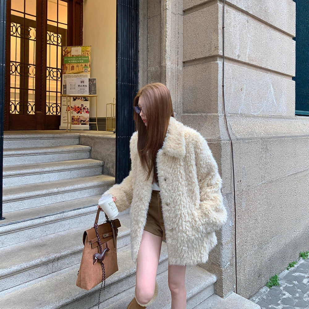 Damen Oversized Kunstfell‑Mantel mit Teddy‑Optik, Stehkragen und Eingrifftaschen Drune