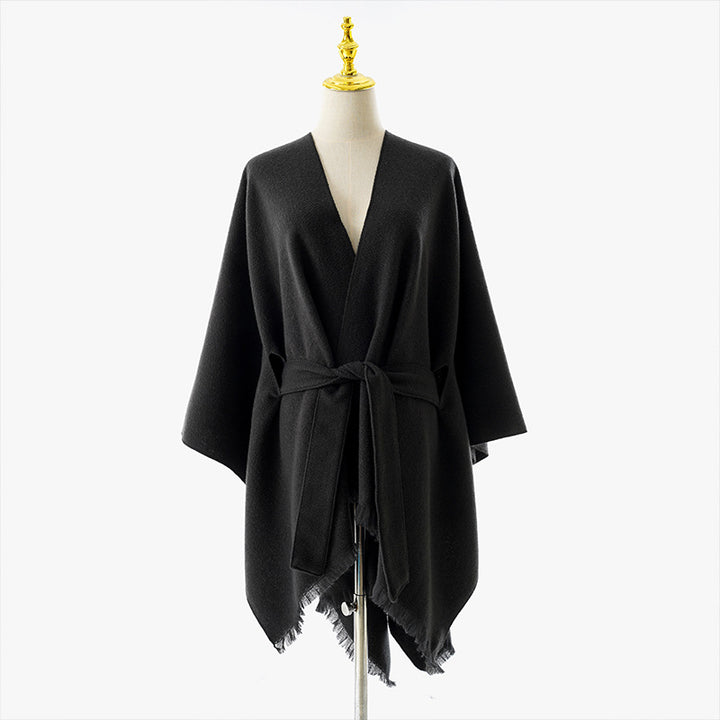 Damen Weichfallender Strick‑Wickelponcho mit Bindegürtel und Fransensaum Drune