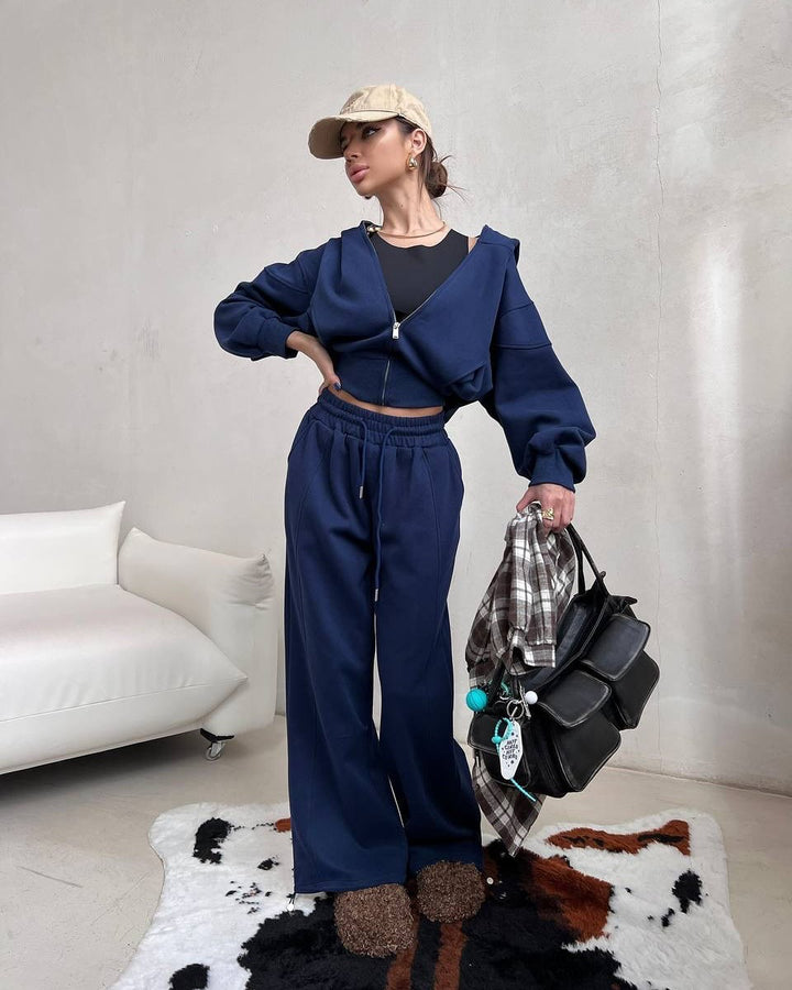 Damen Zweiteiliges Loungewear-Set mit kurzem Zip-Hoodie und hochtaillierter weiter Jogginghose Drune