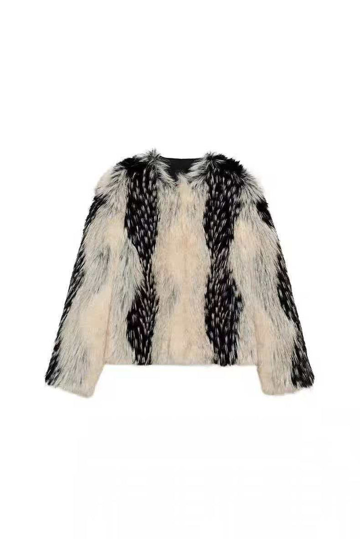 Damen nan kurze Kunstpelzjacke mit kontrastierenden Längsbesätzen und Rundhalsausschnitt Drune