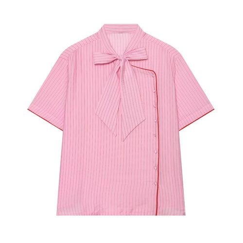 Damen Kurzarm-Bluse mit Schleifenkragen und seitlicher Knopfleiste Drune