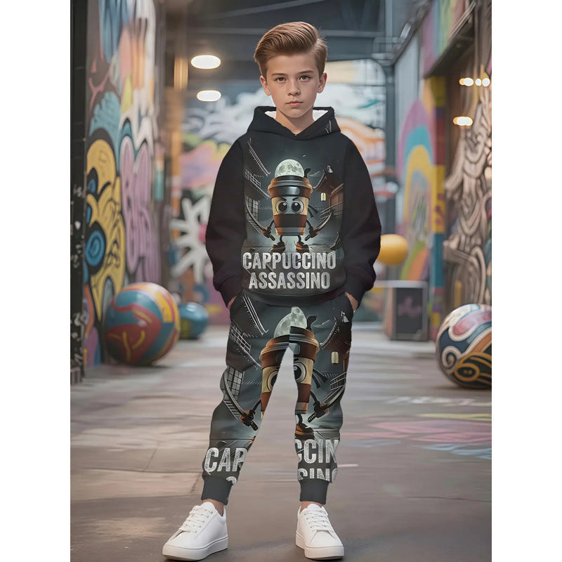 Unisex nan Kinder Jogginganzug mit Kapuzenpullover und detailreichem Auto-Print Drune