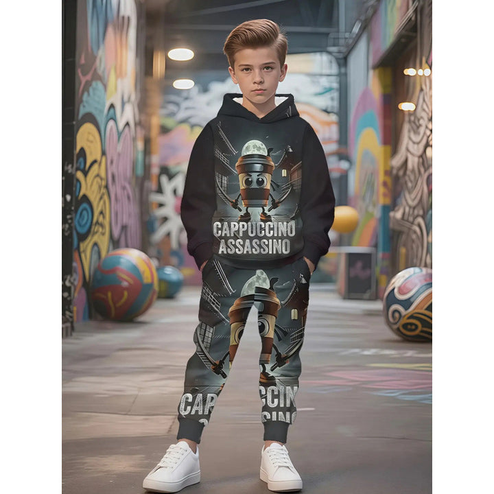 Unisex nan Kinder Jogginganzug mit Kapuzenpullover und detailreichem Auto-Print Drune