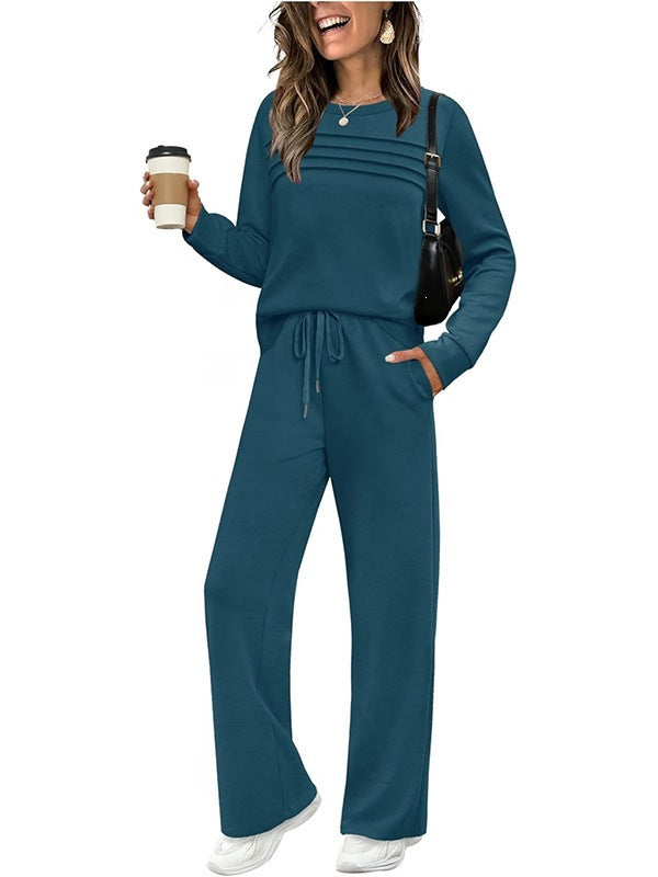 Damen Zweiteiliges Lounge-Set mit Plissee-Detail, Rundhals-Sweatshirt und weitem Kordel-Hose Drune
