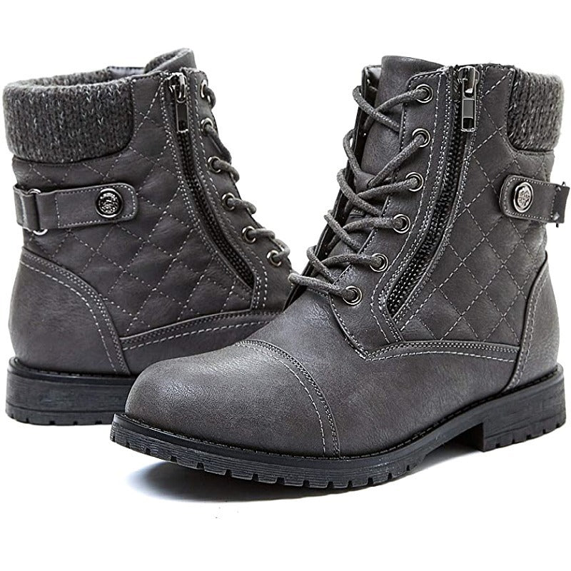 Damen nan gequiltete Schnür-Bikerboots mit seitlichem Reißverschluss, gepolstertem Schaft und robustem Profilsohle Drune